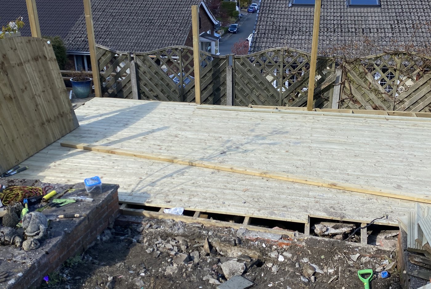 Deck frame taking shape — joists and structure