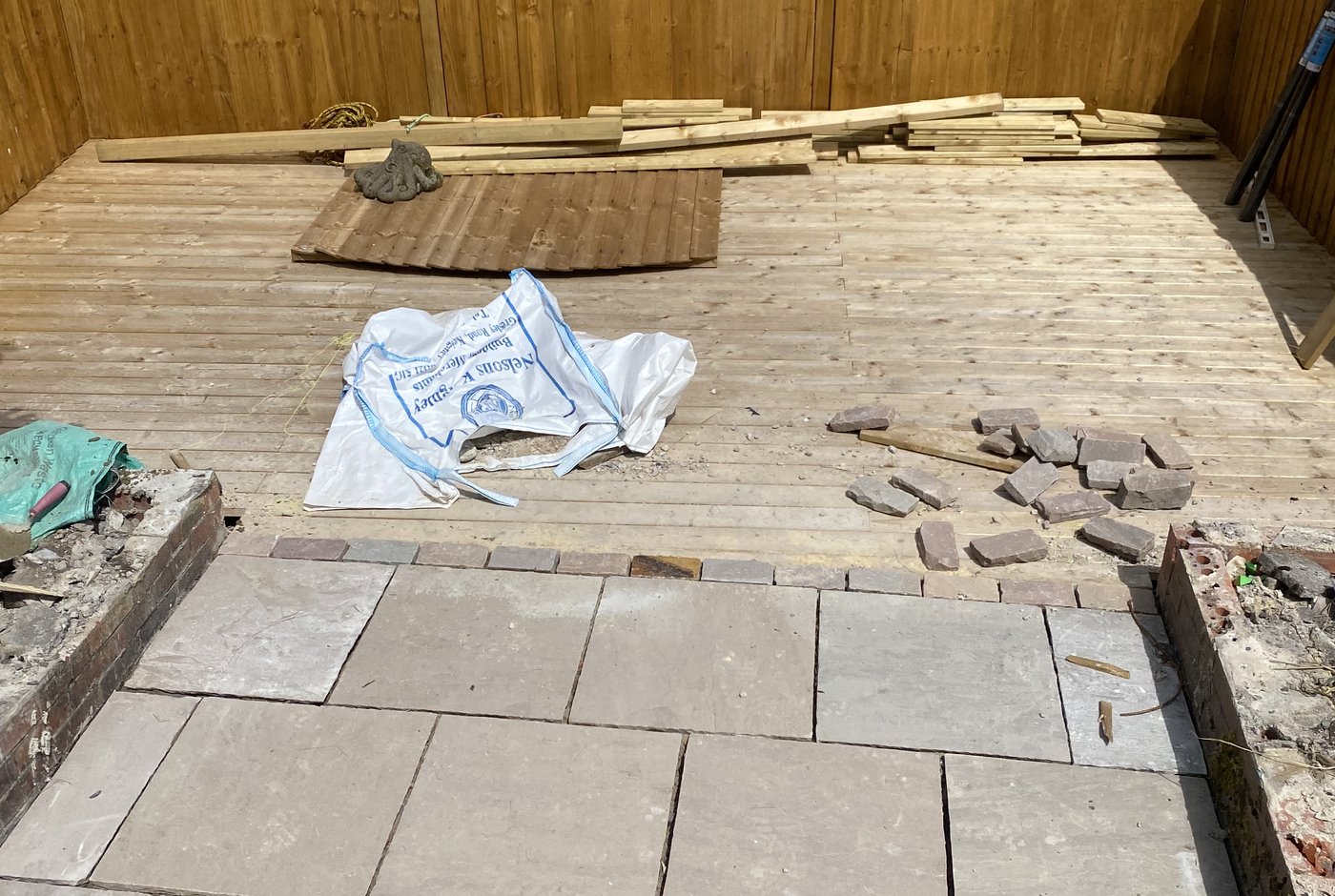 Completed deck and fencing from ground level